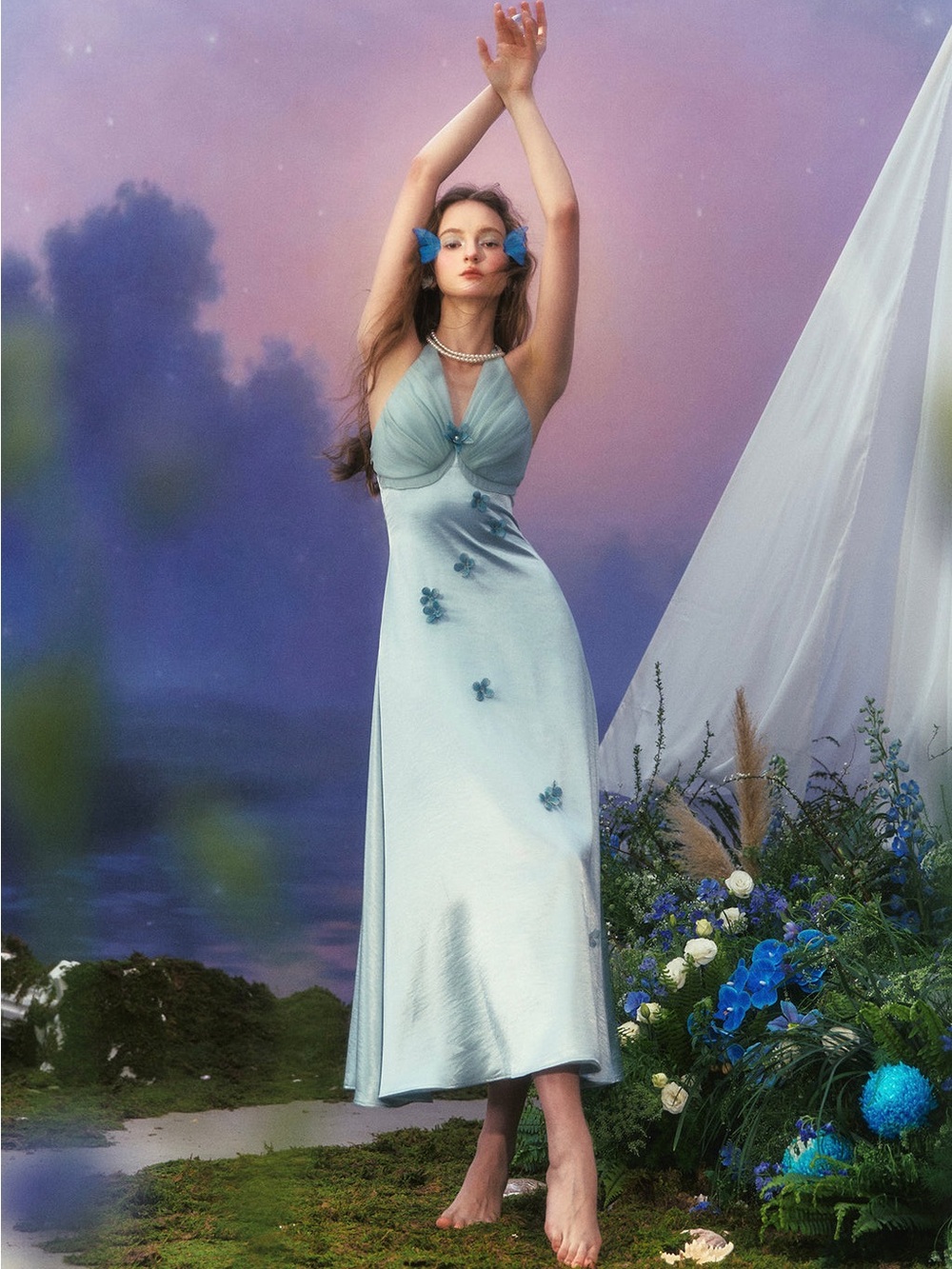 LaceMade Butterfly Pearl Dress Blue Satin Halter Gown NWT Size M